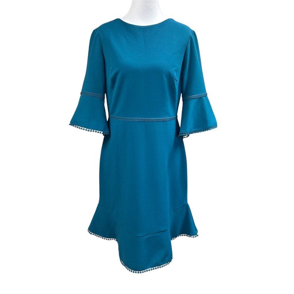 Betsey Johnson Teal Bell Sleeve Ruffle Sheath Dress Sz 4